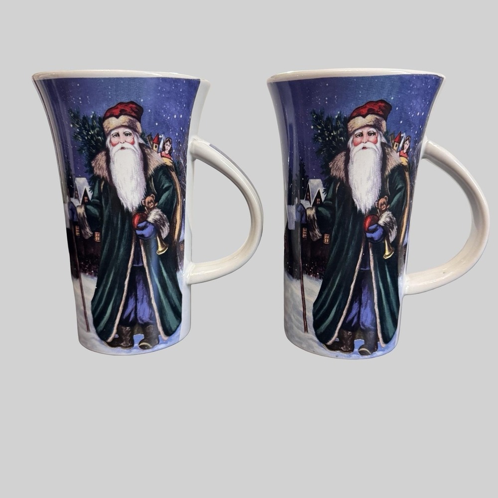 Christmas Holiday Santa Tall Latte Mugs Set‎ Blue Dishwasher Microwave Safe Cups